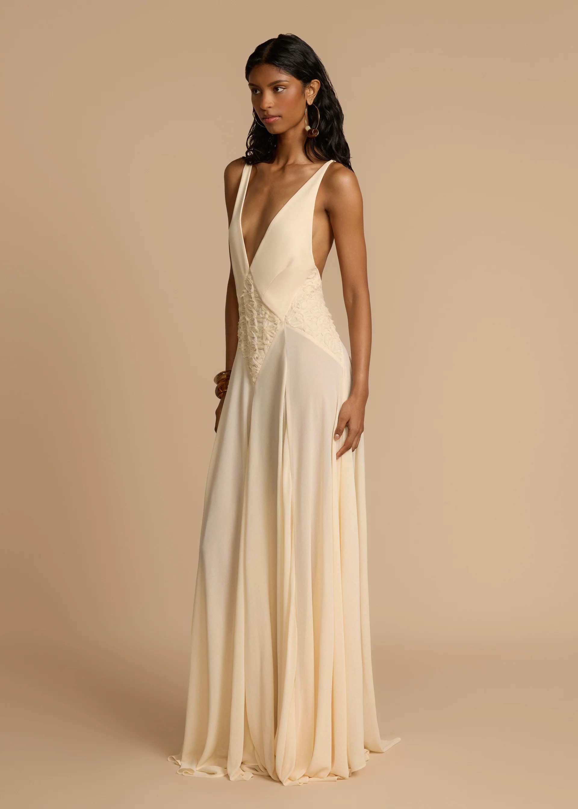 Lace Inset Deep V Chiffon Maxi Bridesmaid Dress