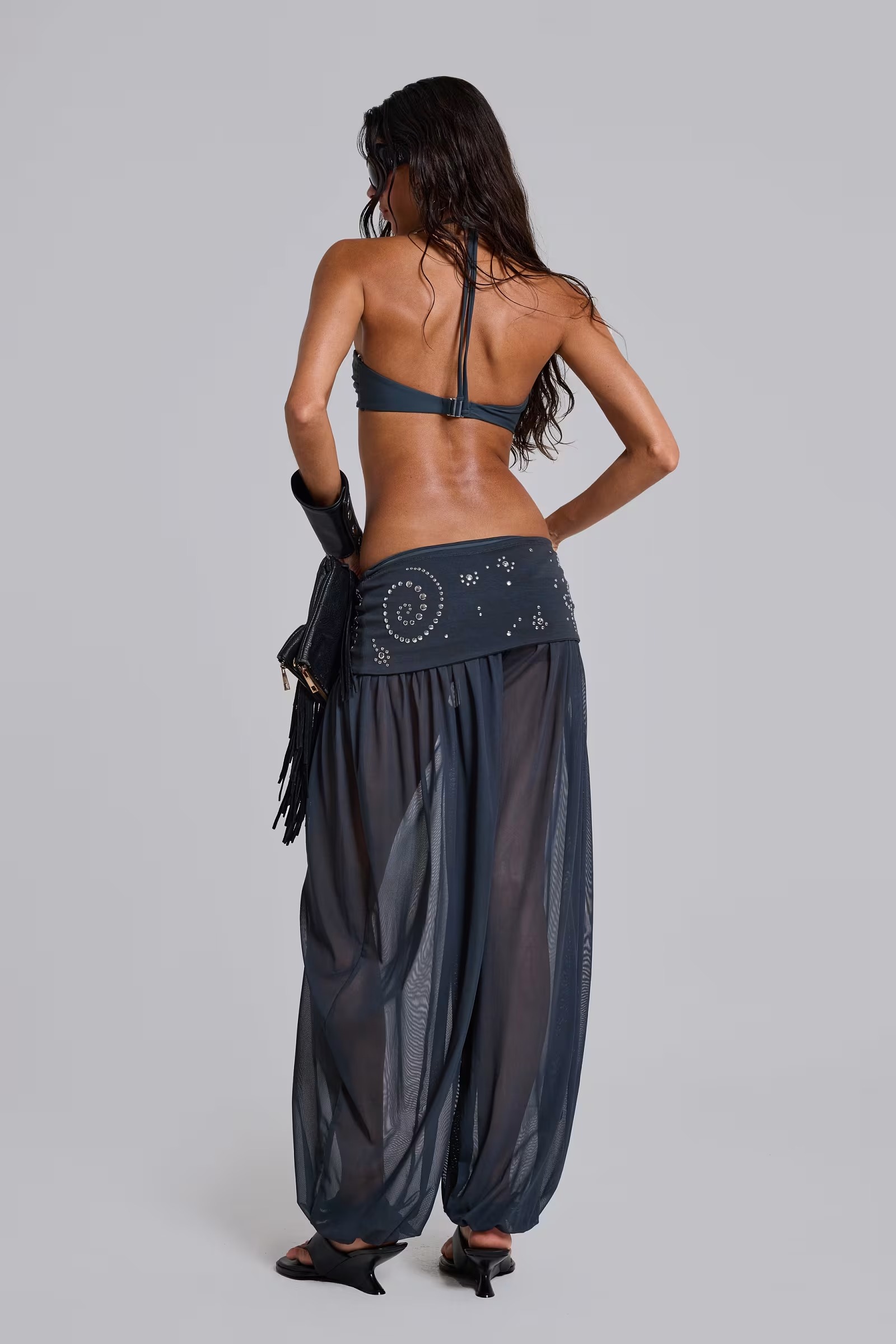 Rhinestone Sheer Mesh Harem Pants