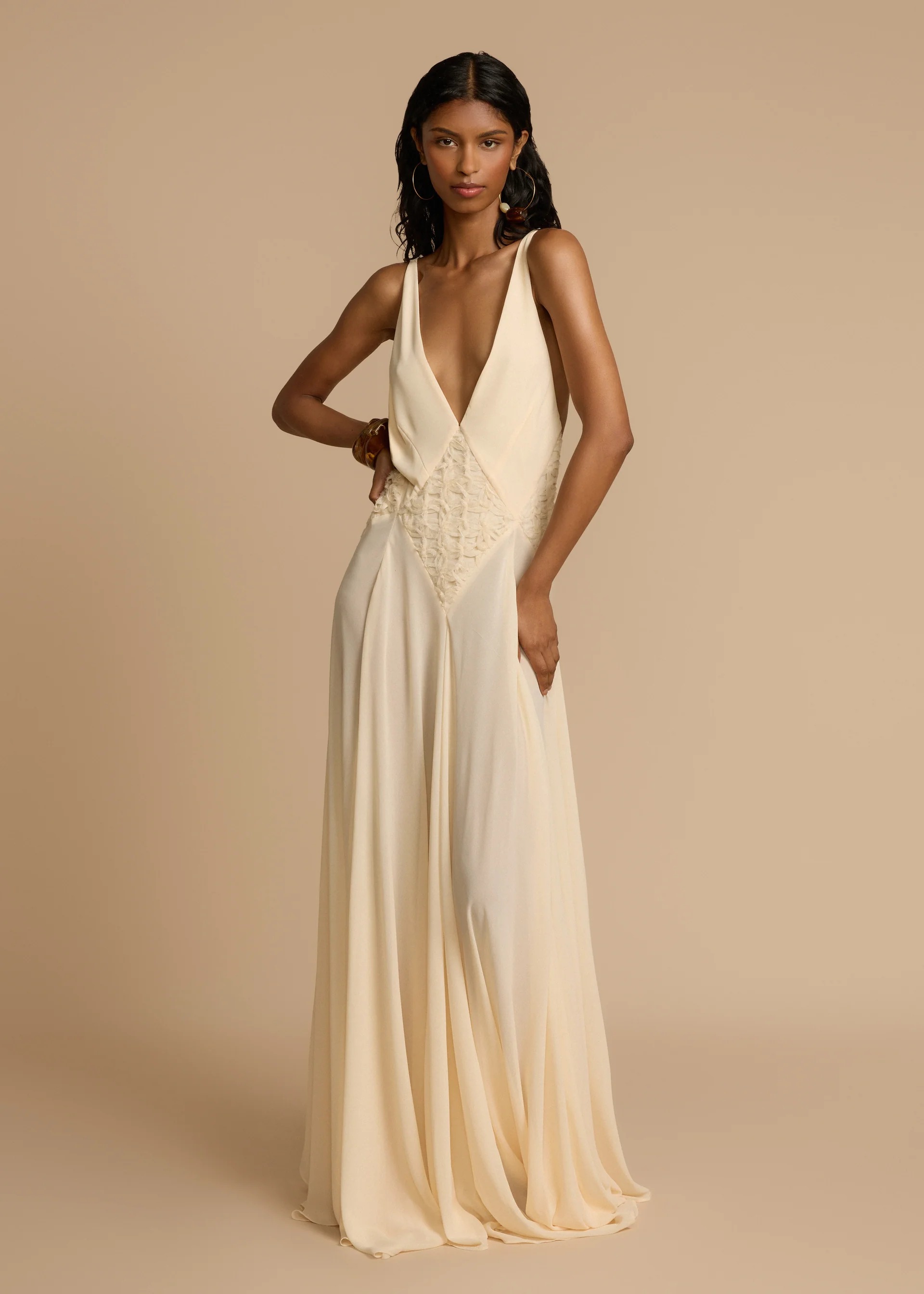 Lace Inset Deep V Chiffon Maxi Bridesmaid Dress