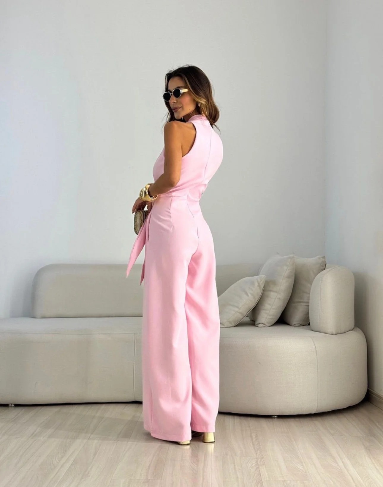 V-Neck Wide-Leg Tie Waist Wide-Leg Jumpsuit