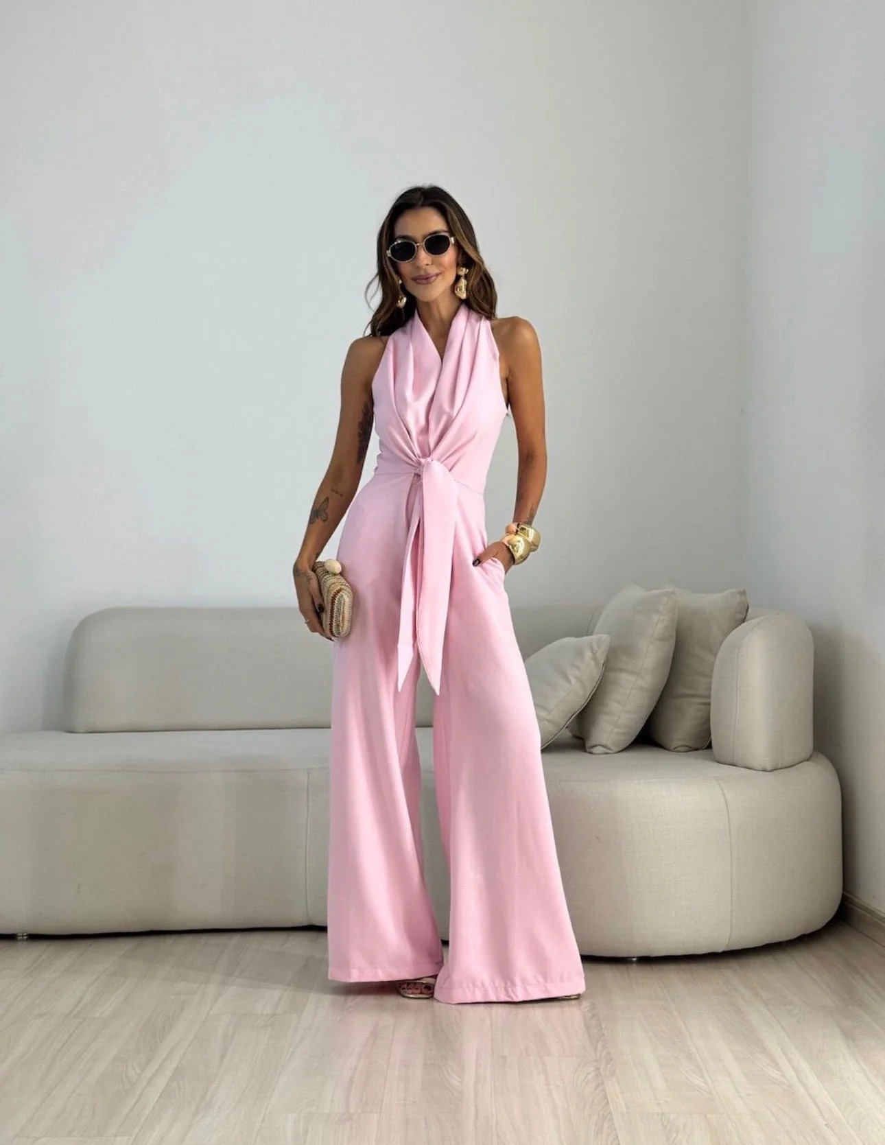 V-Neck Wide-Leg Tie Waist Wide-Leg Jumpsuit