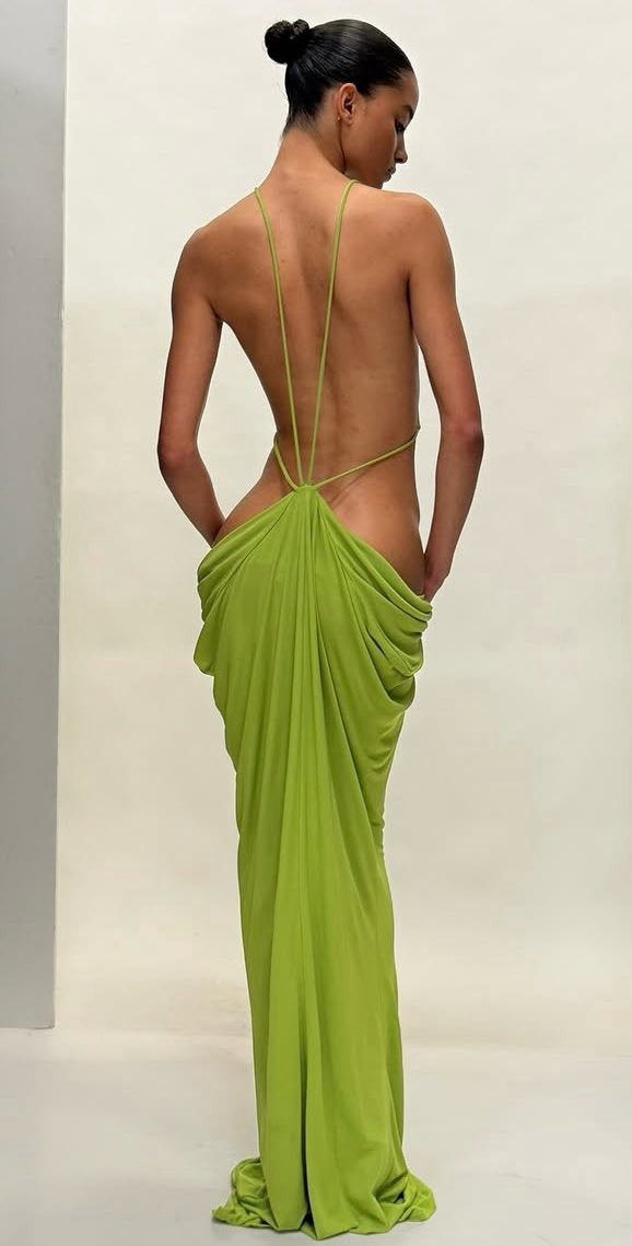  Lime Green Cutout Draped Halter Maxi Dress