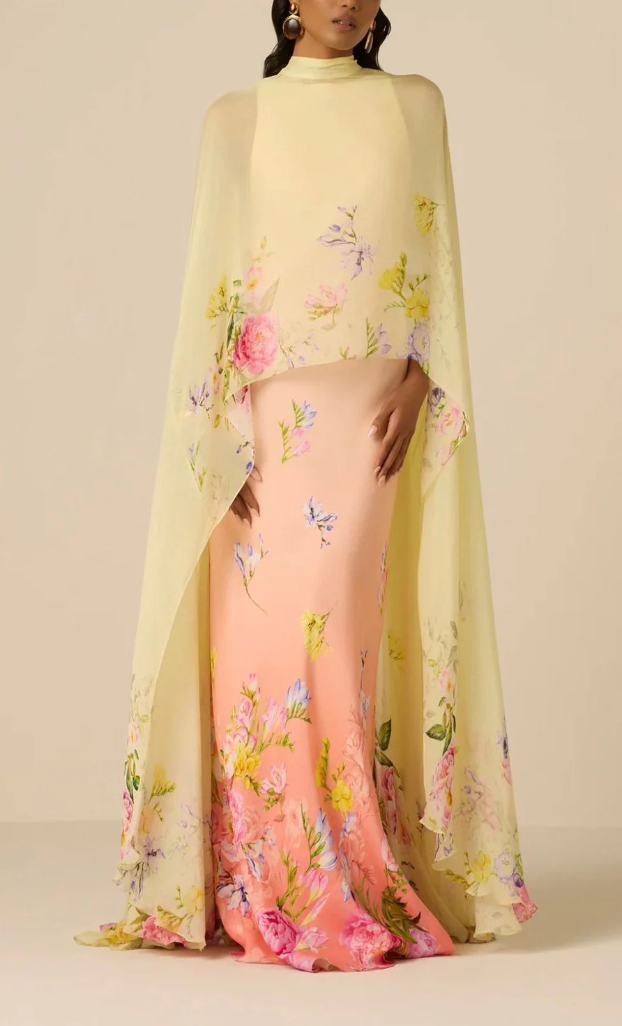 Floral Print Cape Two-Piece Maxi Dress Set