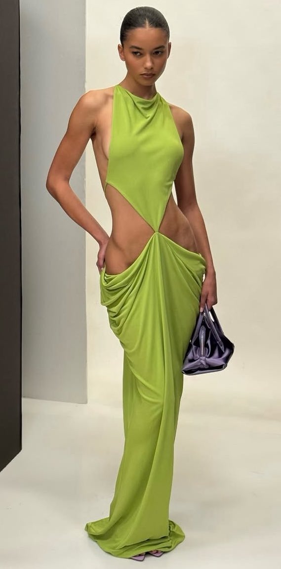  Lime Green Cutout Draped Halter Maxi Dress