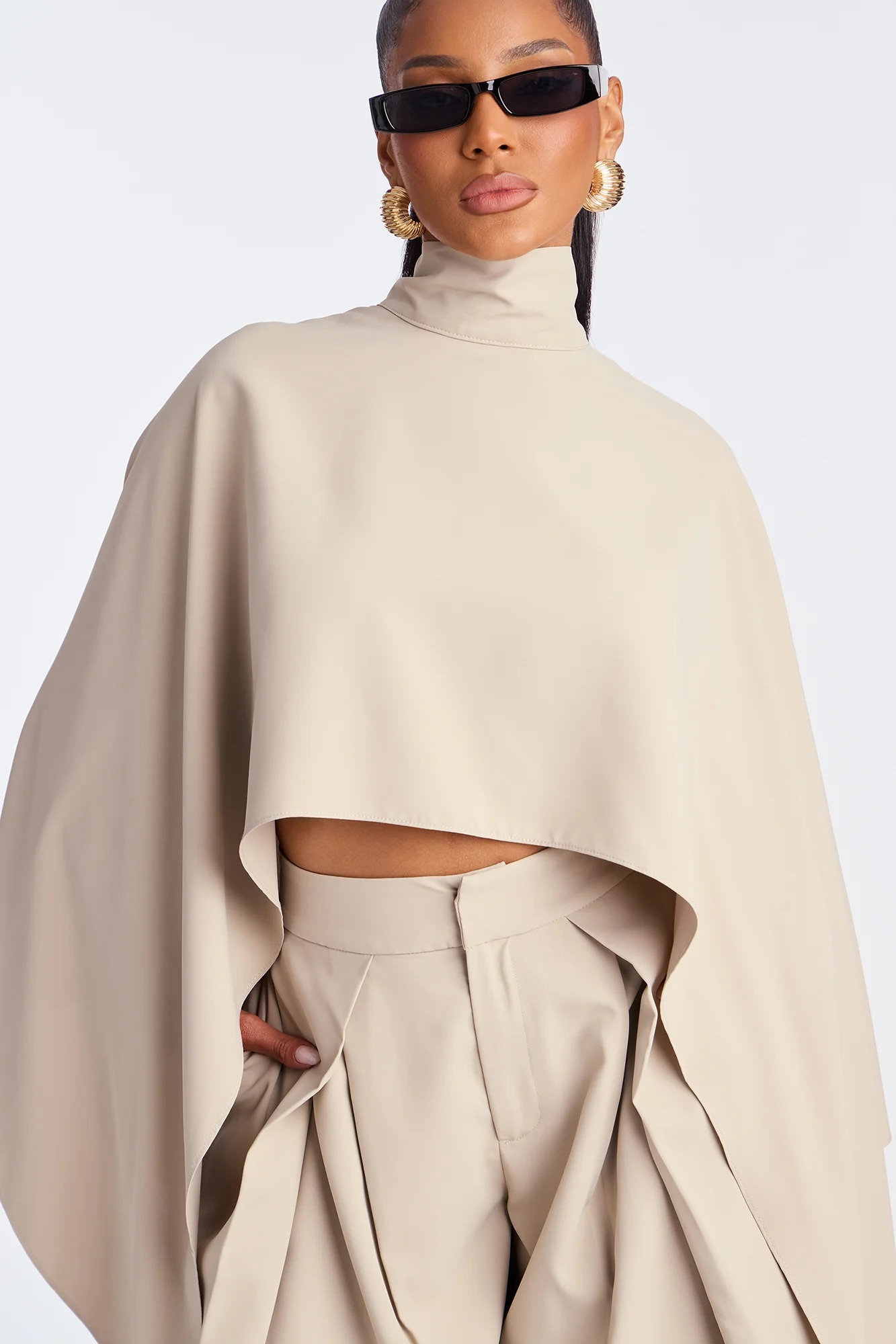 Beige Pleated Wide-Leg Cropped Pant Set