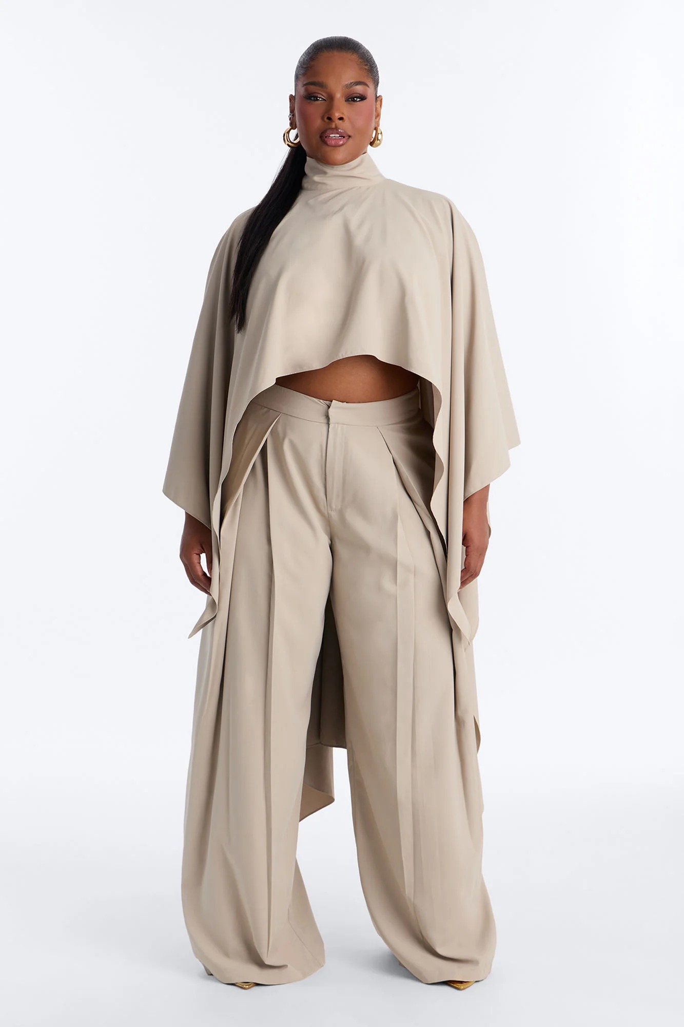 Beige Pleated Wide-Leg Cropped Pant Set