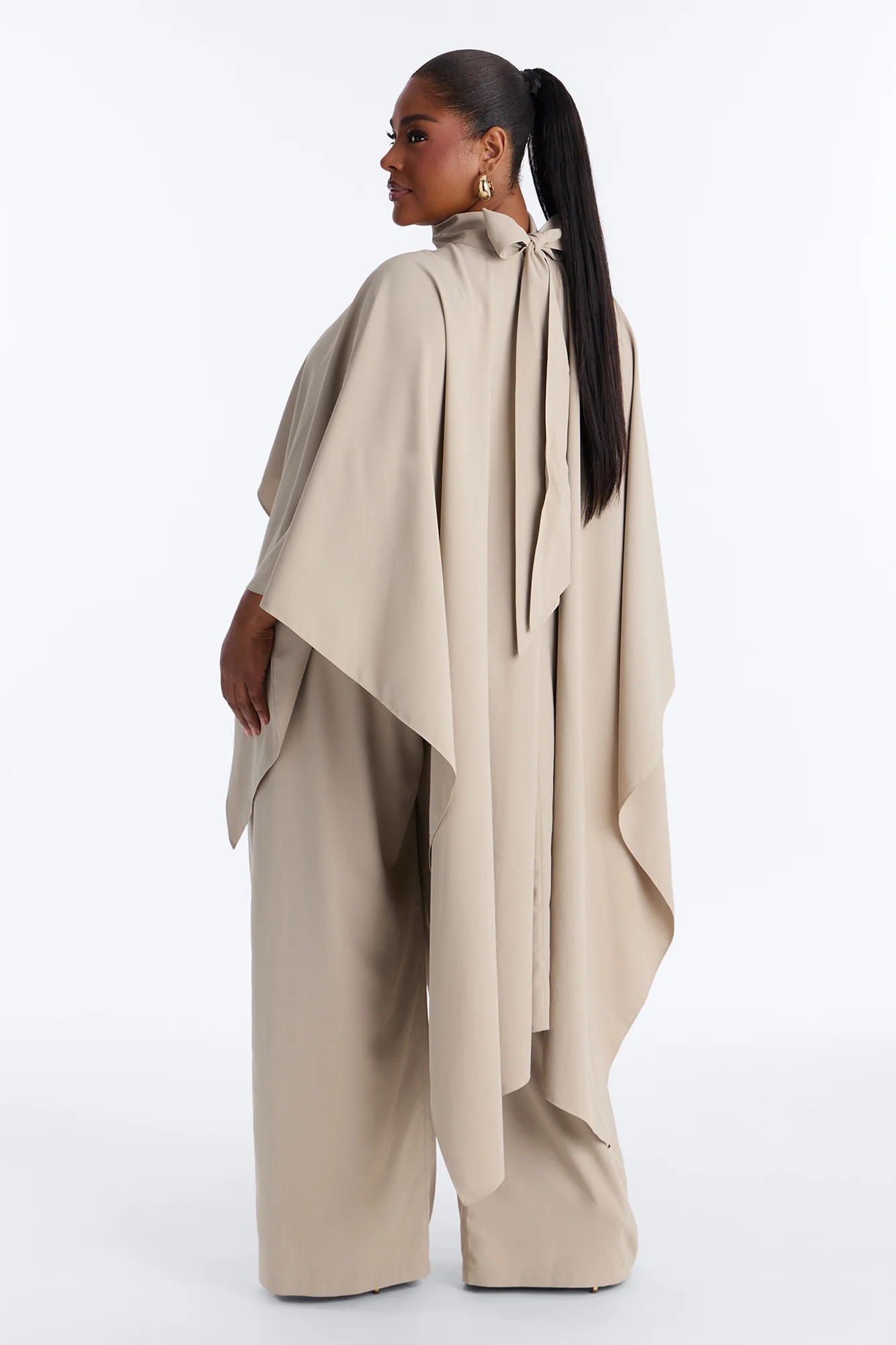 Beige Pleated Wide-Leg Cropped Pant Set