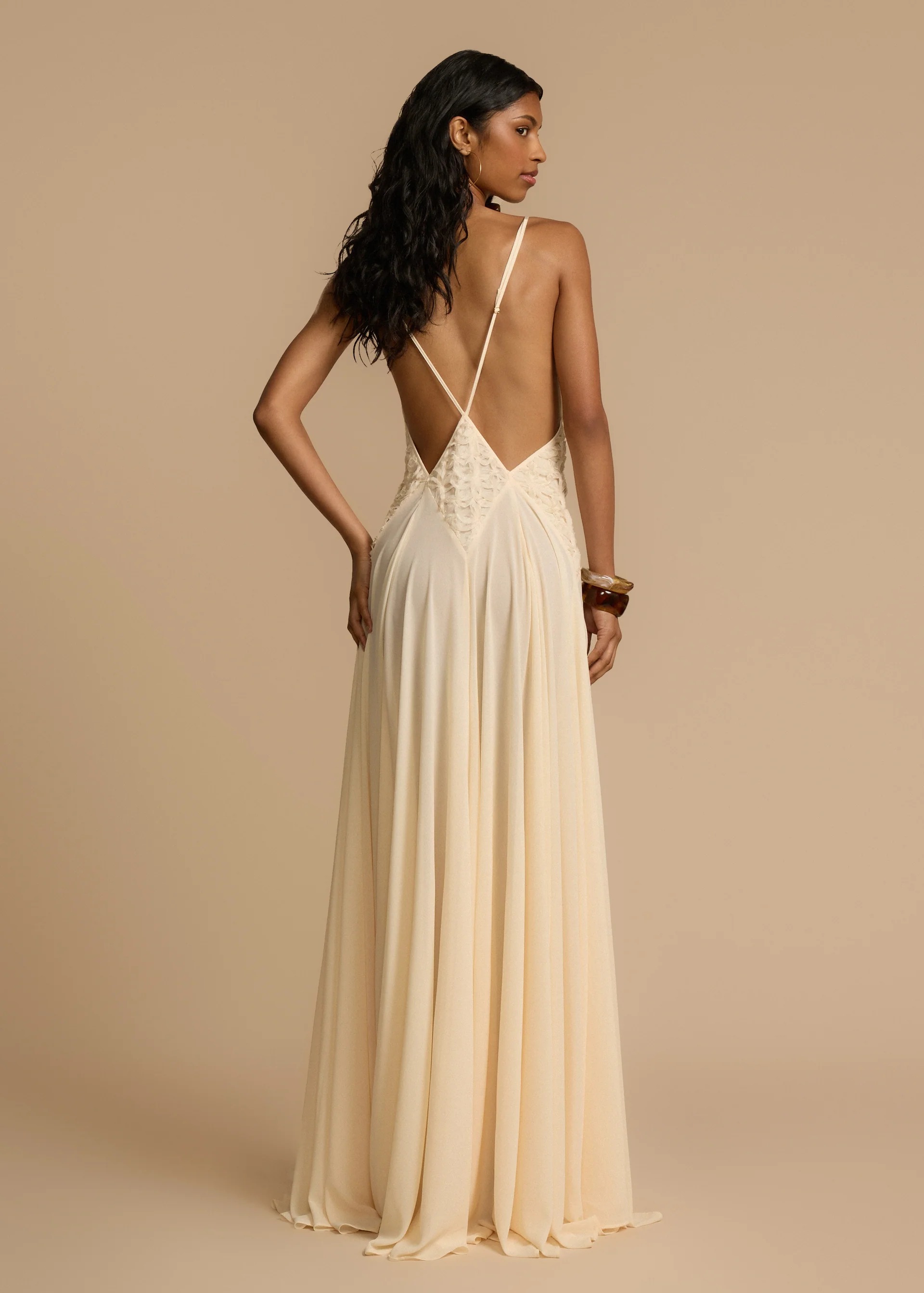 Lace Inset Deep V Chiffon Maxi Bridesmaid Dress