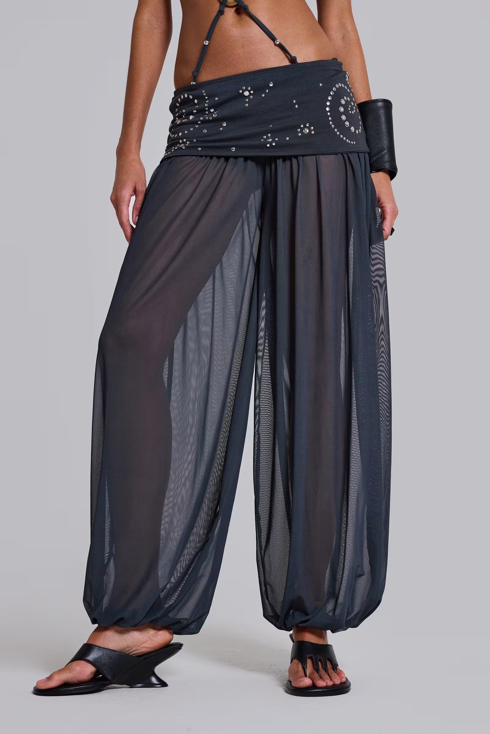 Rhinestone Sheer Mesh Harem Pants