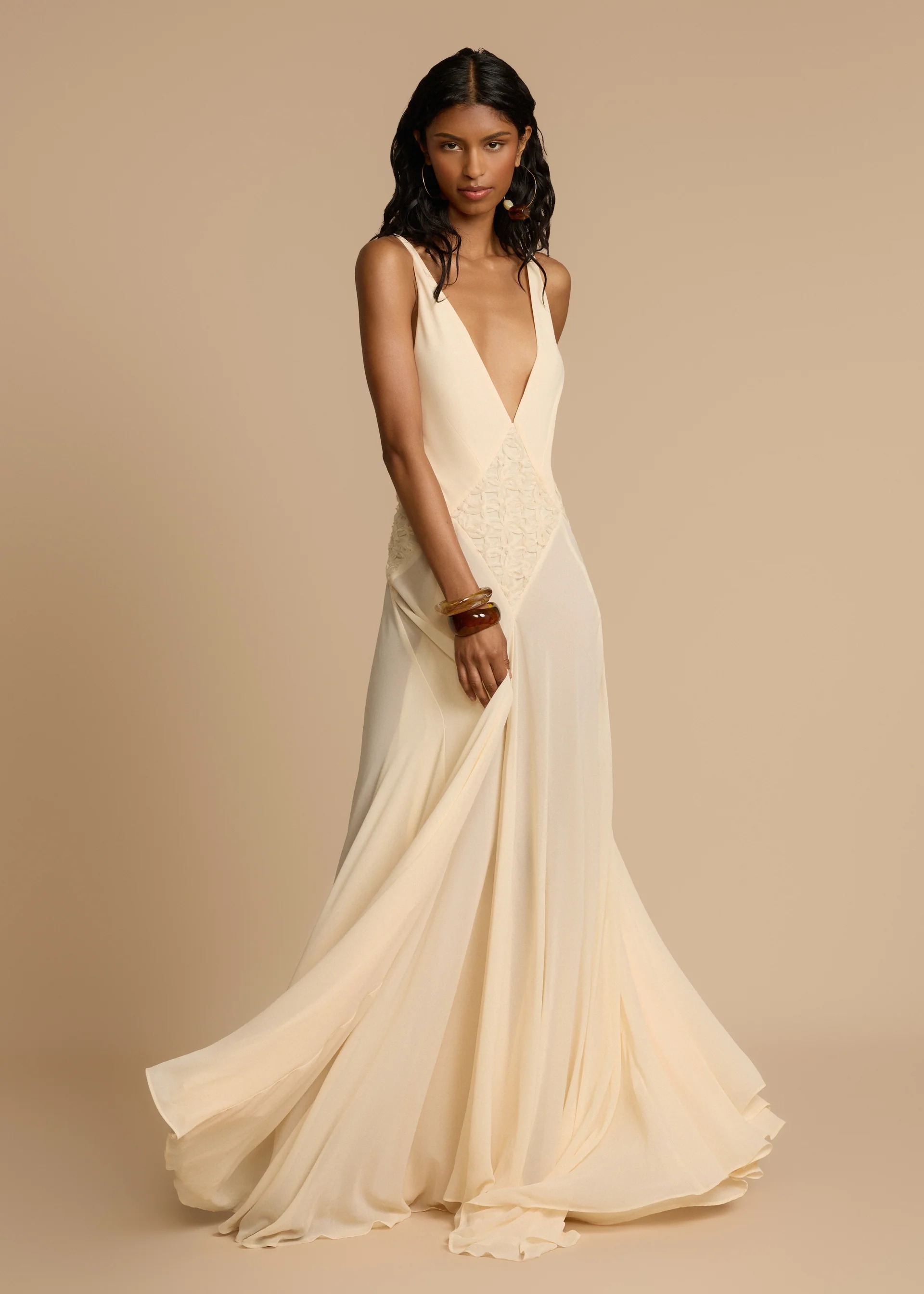 Lace Inset Deep V Chiffon Maxi Bridesmaid Dress
