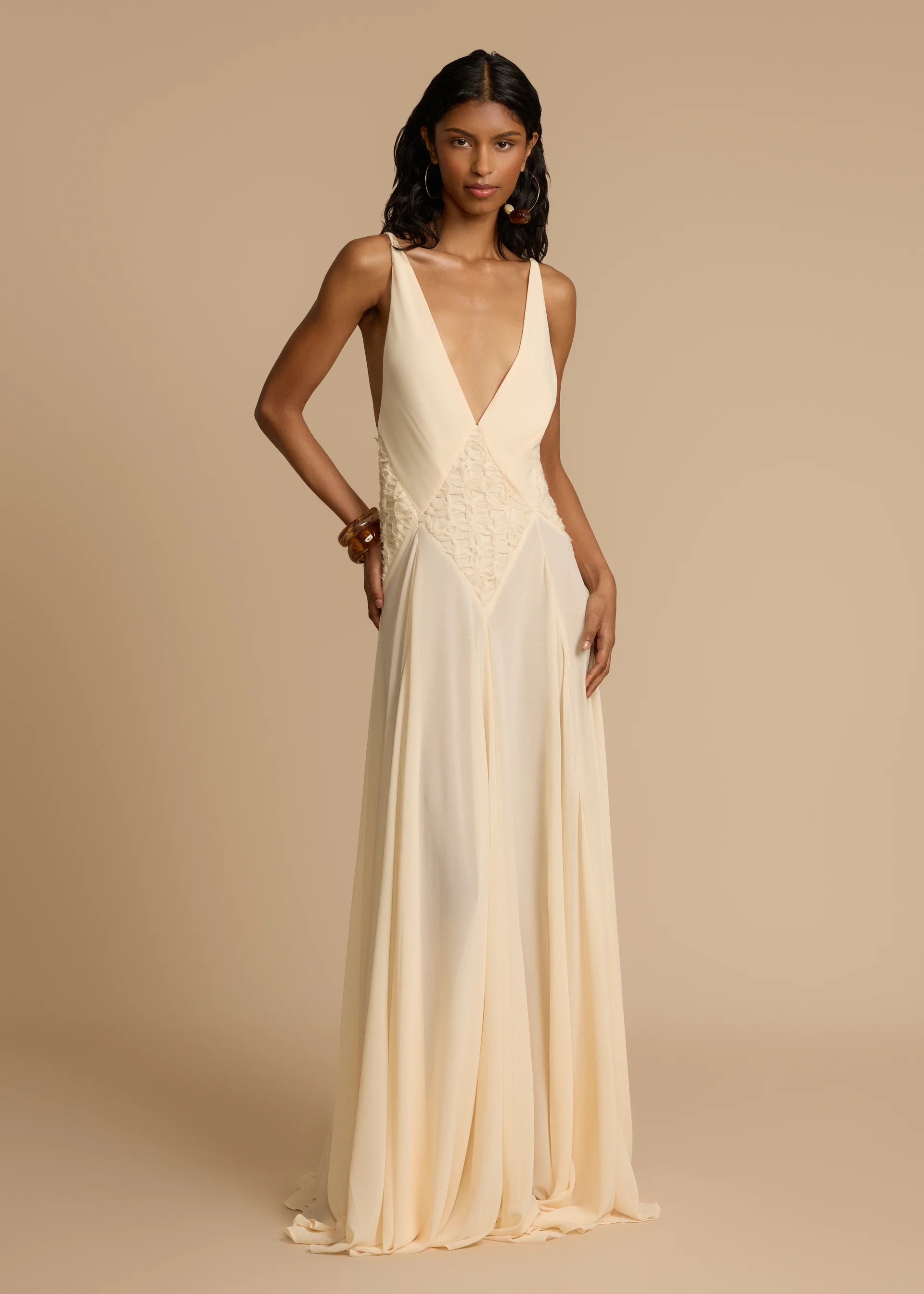 Lace Inset Deep V Chiffon Maxi Bridesmaid Dress