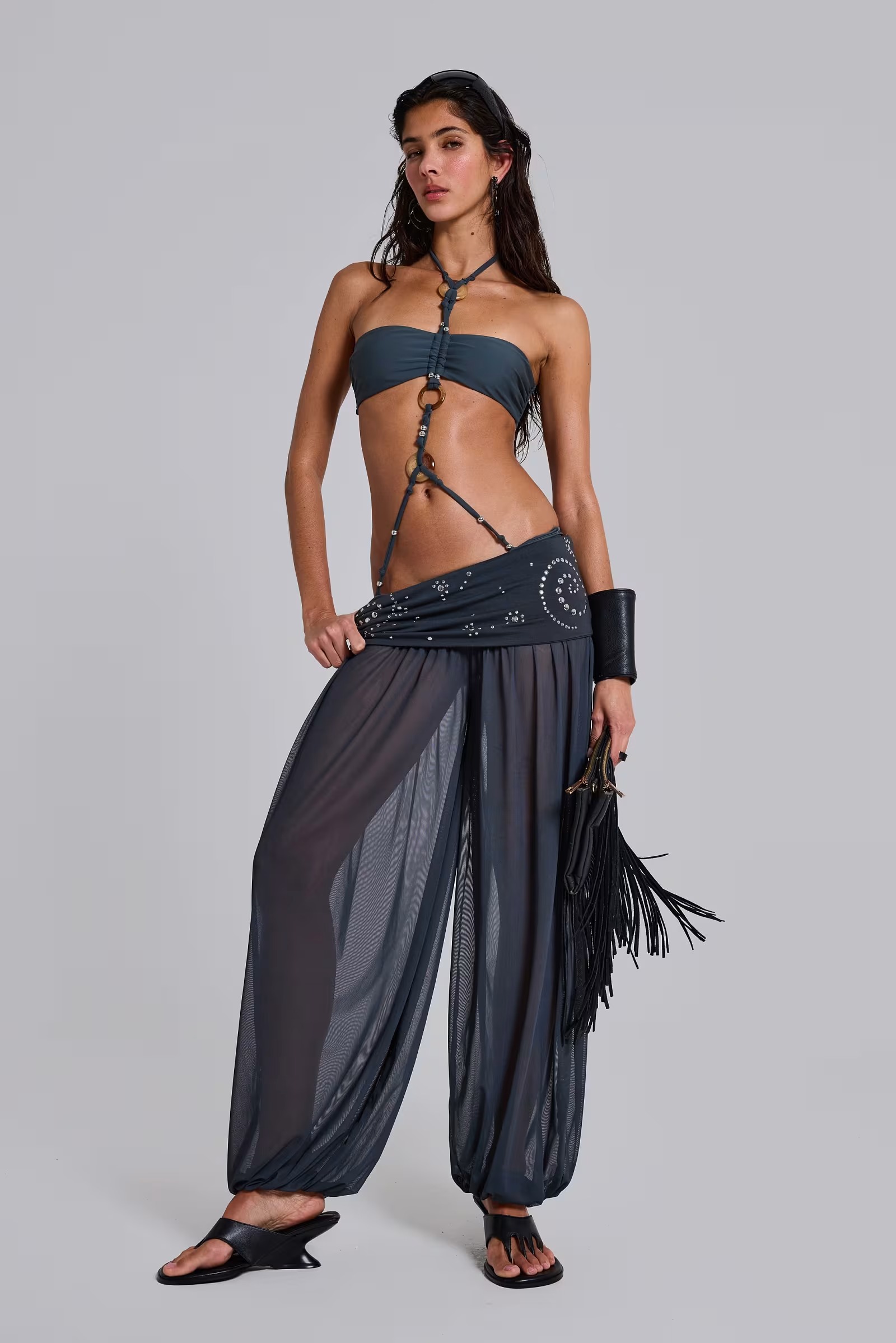 Rhinestone Sheer Mesh Harem Pants
