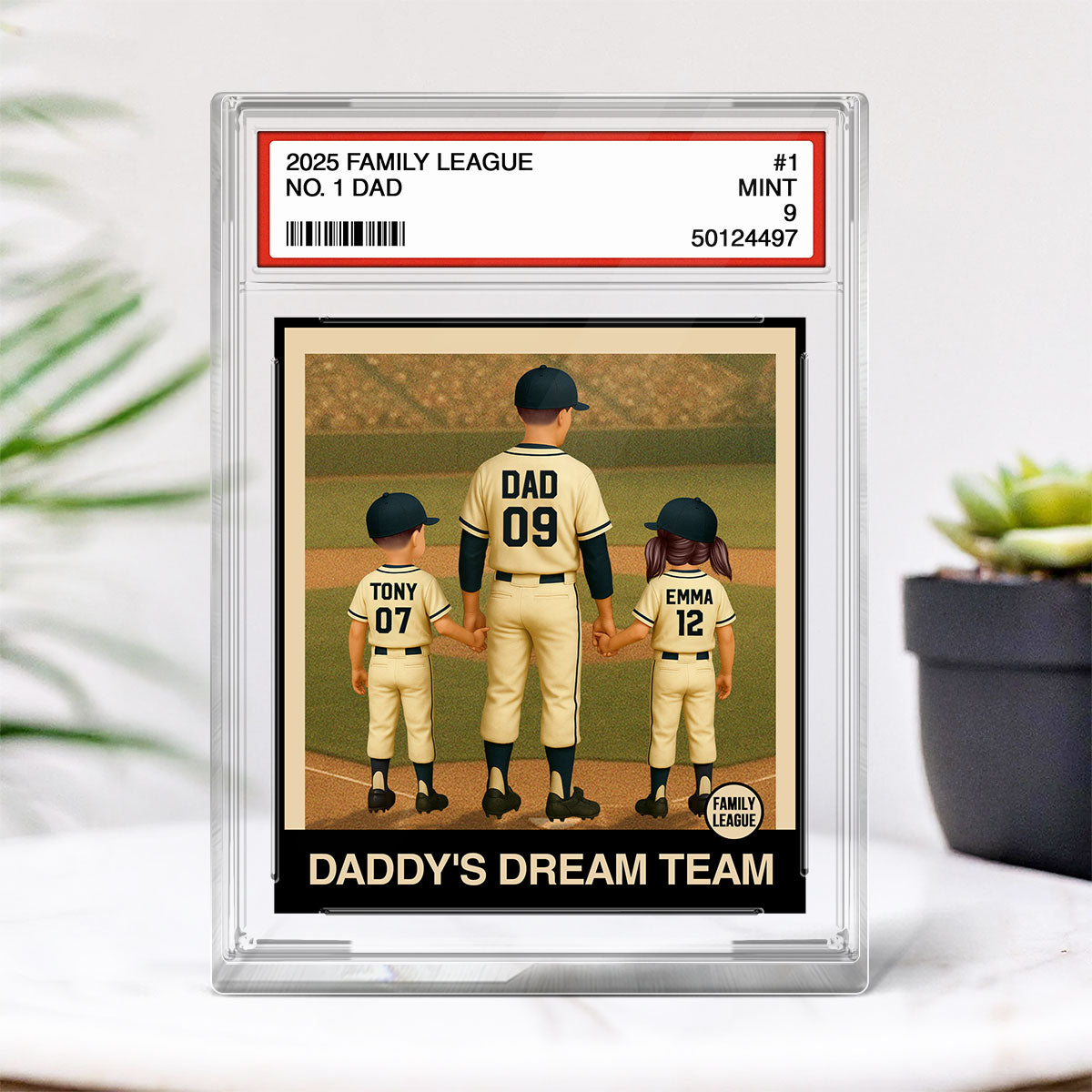 Baseball No. 1 Dad Grandpa Man & Kids Trading Card Style Personalized Acrylic Block Plaque