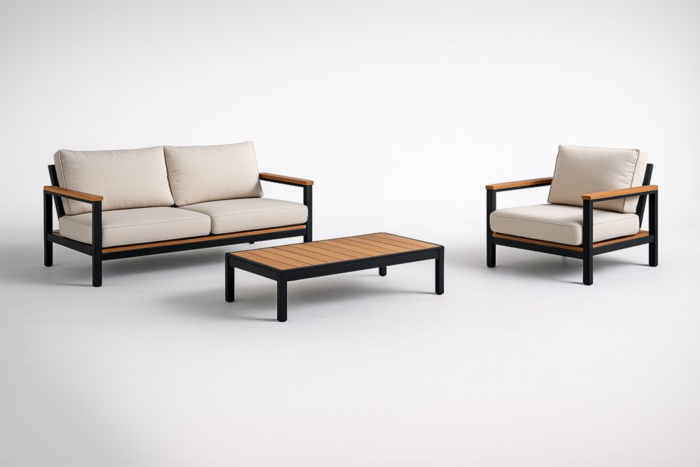 Set divano da giardino in acciaio e legno massello con cuscini beige-Livinbuyers