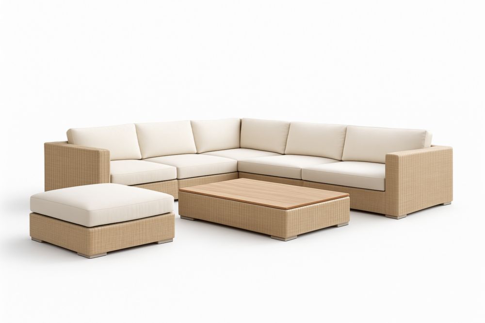 Set Divano Angolare in Rattan Sintetico Beige con Tavolino e Puff-Livinbuyers