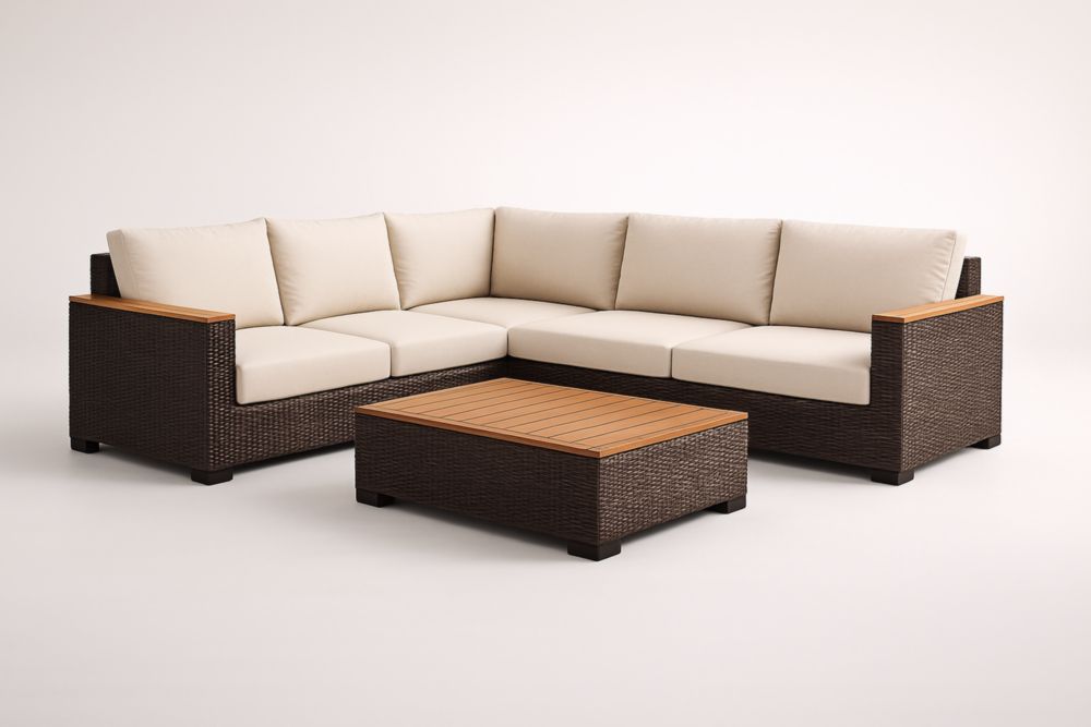 Set angolare da giardino in rattan con cuscini marrone e crema-Livinbuyers