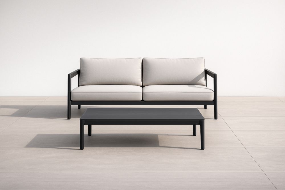 Divano 2 posti e tavolino da caffè in alluminio e tessuto poliestere per esterni-Livinbuyers