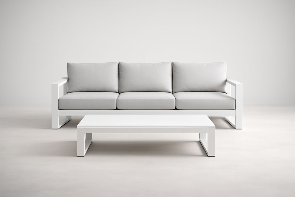Divano Tre Posti da Esterno in Alluminio con Cuscini Grigi e Tavolino Bianco-Livinbuyers