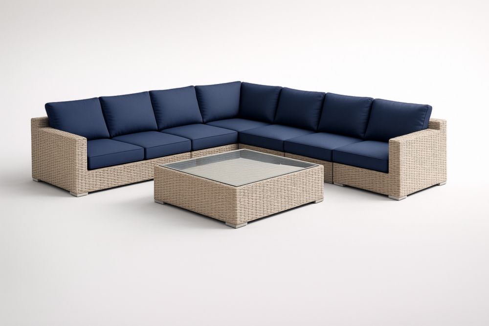 Set di divano angolare in rattan per il giardino, con cuscini blu e tavolo in vetro-Livinbuyers