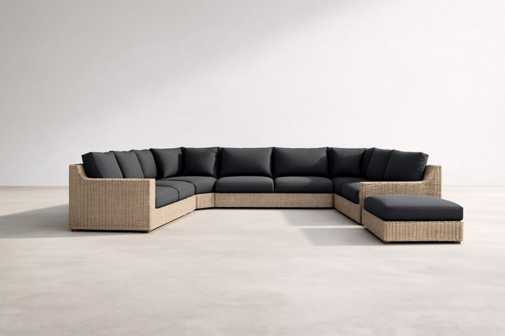 Set di divano angolare modulare da esterno in rattan sintetico con cuscini in poliestere grigio scuro-Livinbuyers