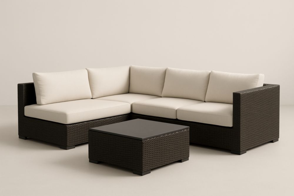 Set Divano Angolare da Giardino in Rattan Sintetico con Tavolino in Vetro Temperato-Livinbuyers