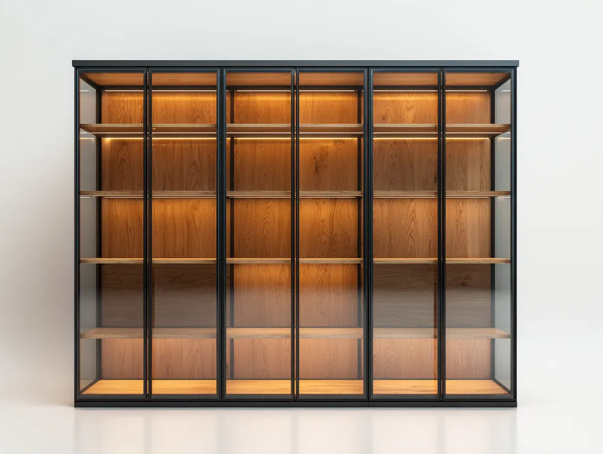 Vitrine-Schrank-Glas-Metall-Holz-240x45x210 cm-Schwarz-Holz-Modernes Design-Oakgetlab