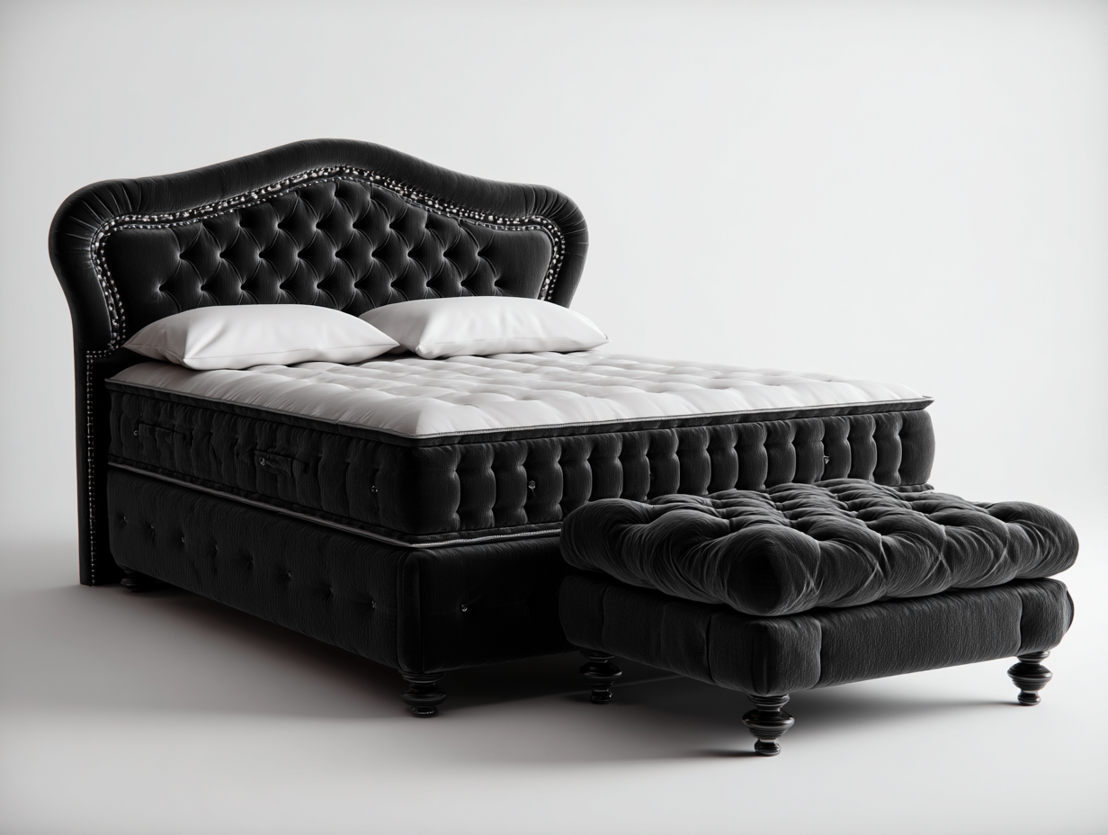 Lit double-tissu velours-225x180x125 cm-noir-design capitonné classique-Cottagoshop