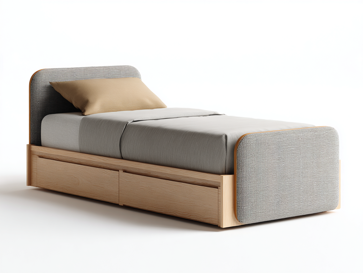 Lit simple - bois-textile - 206x95x86 cm - beige-gris - style moderne-Homigolab