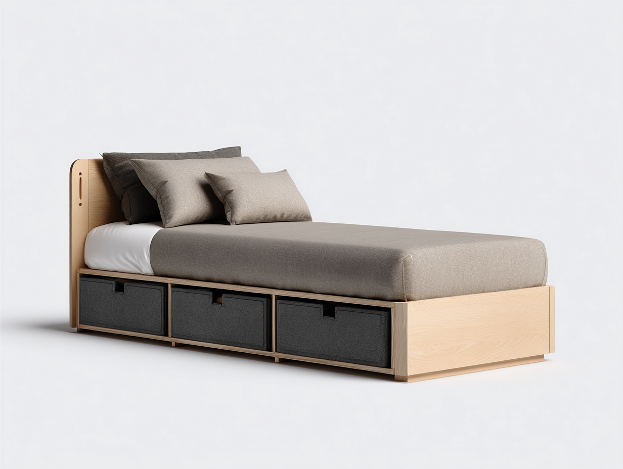 Lit simple - bois-textile - 205x94x47 cm - beige-gris - style moderne-Homigolab