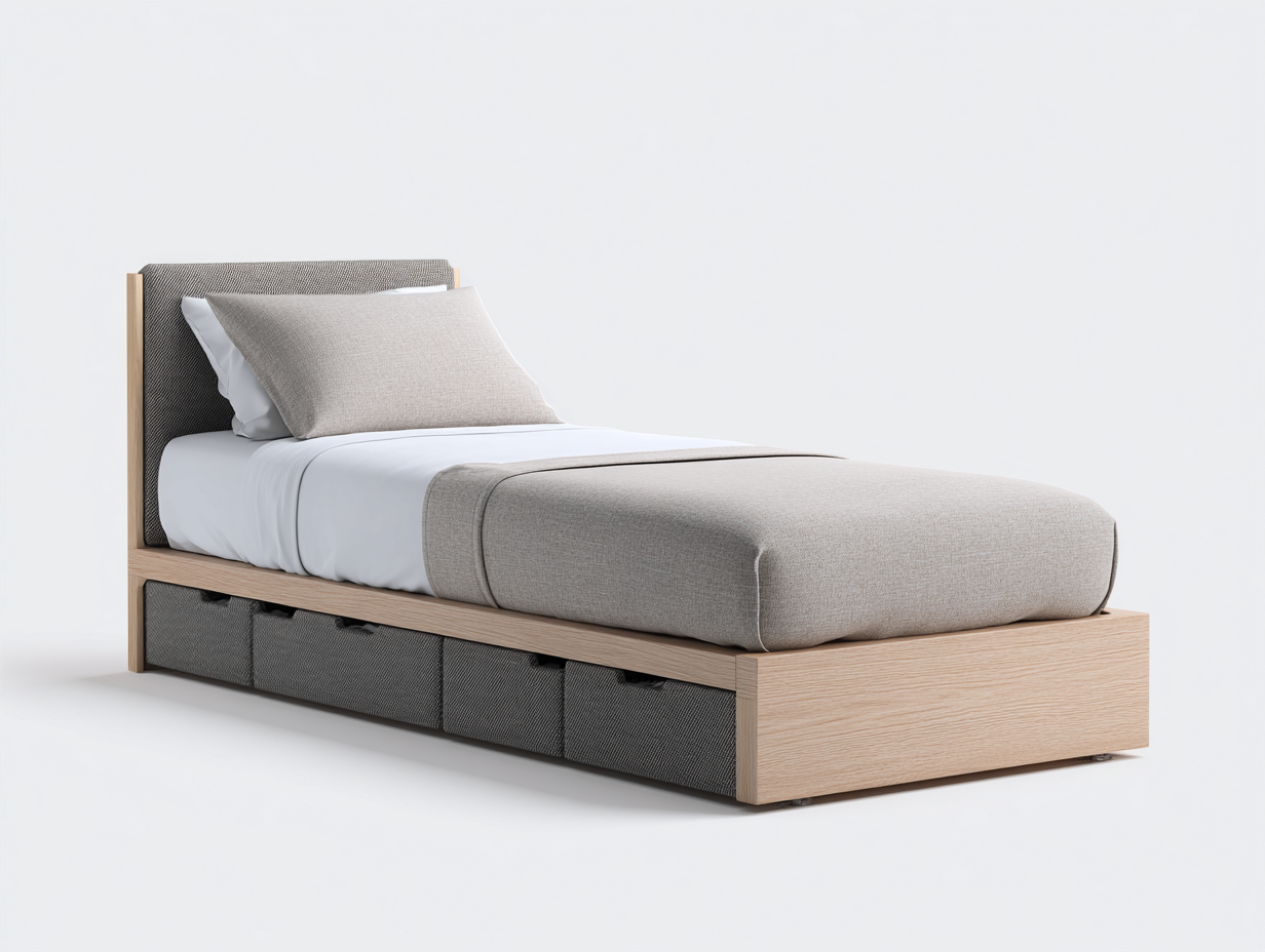 Lit simple - bois-textile - 202x93x88 cm - beige-gris - style moderne-Homigolab