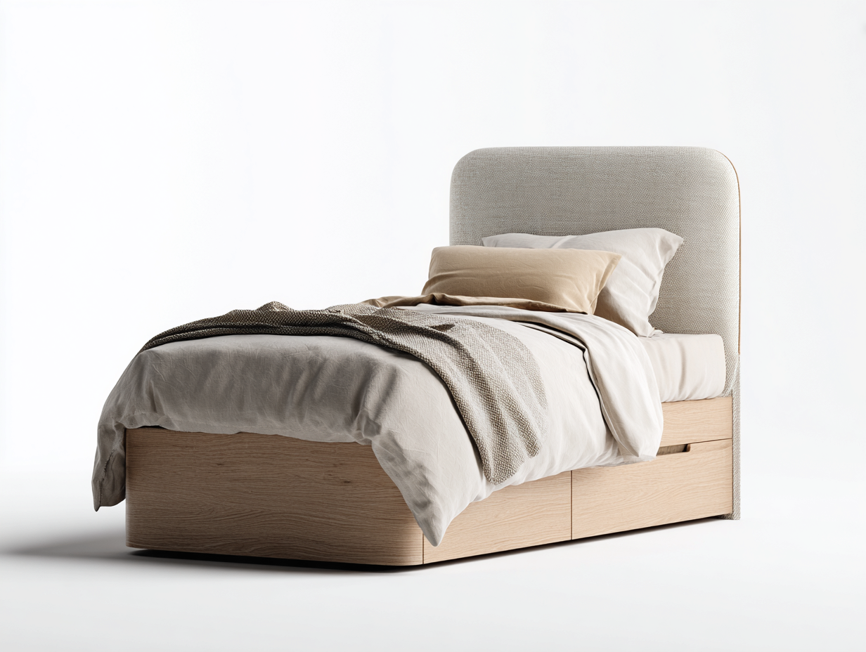 Lit simple - bois-textile - 203x94x90 cm - beige - style moderne-Homigolab