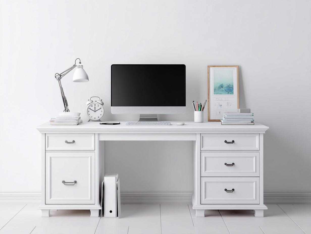 Bureau - panneaux de bois - 155x68x76 cm - Blanc - Style classique moderne-Roomuply