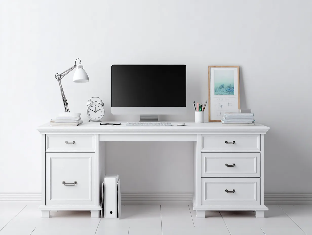 Bureau - panneaux de bois - 155x68x76 cm - Blanc - Style classique moderne-Roomuply