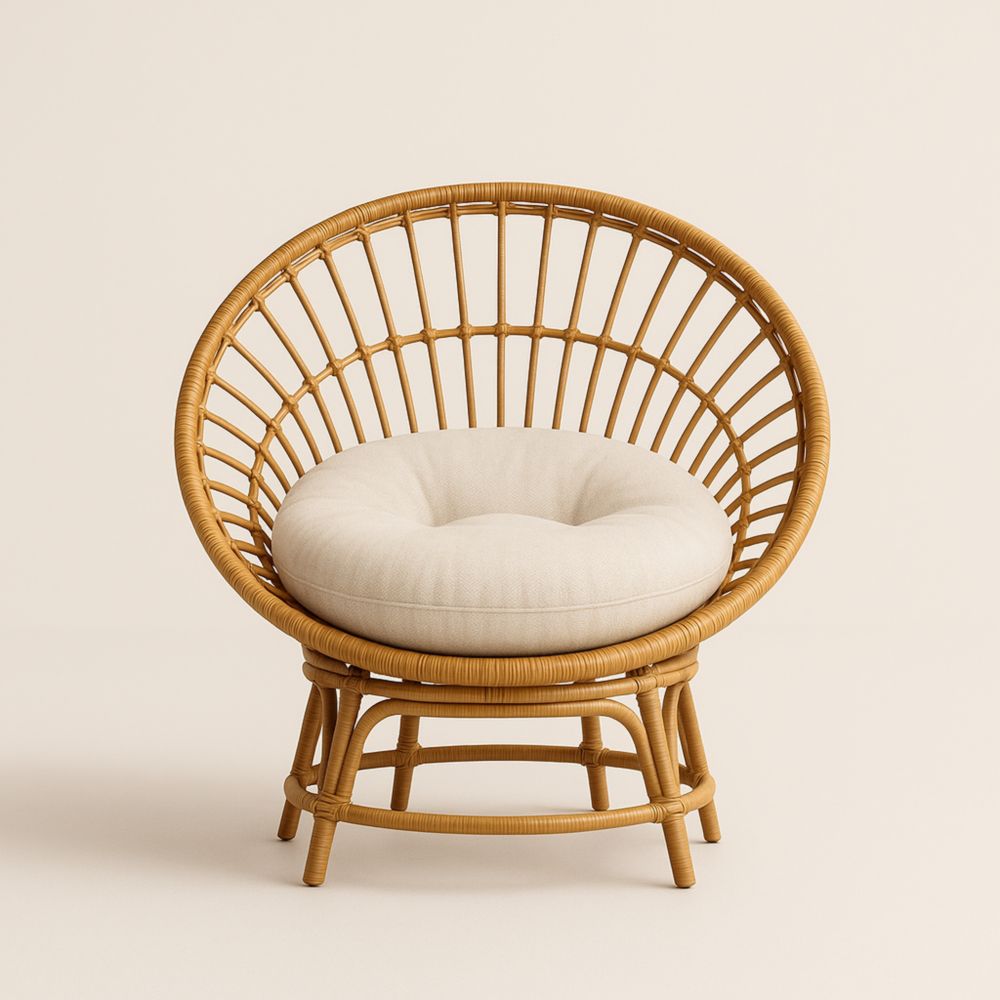 Fauteuil en rotin avec coussin en lin