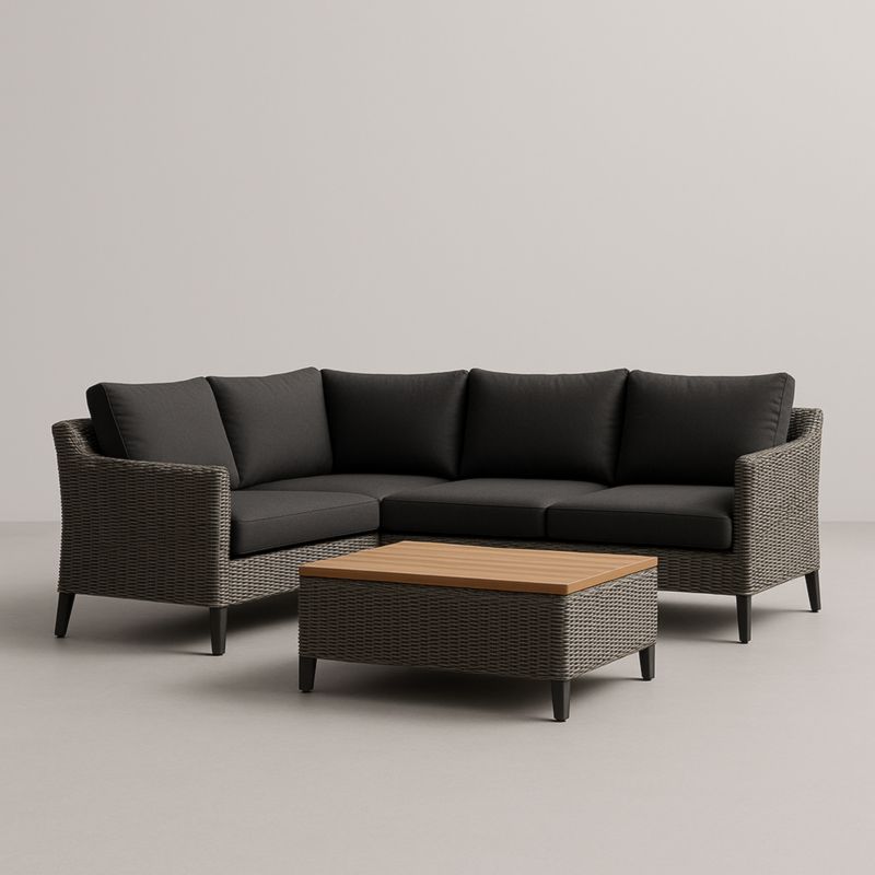 Canapé d'angle en résine tressée avec coussins en polyester et table basse en bois