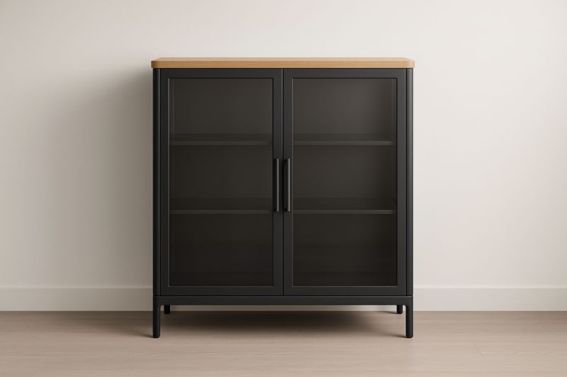 Vitrine en métal avec portes en verre et dessus en bois, 90 x 40 x 120 cm, noir.