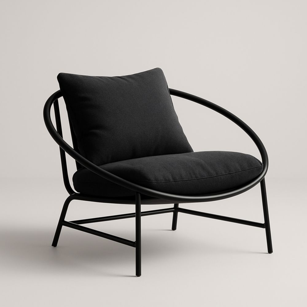 Fauteuil rond en métal avec coussin noir