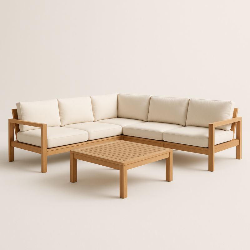 Ensemble de Salon de Jardin en Bois et Coussins en Polyester Beige