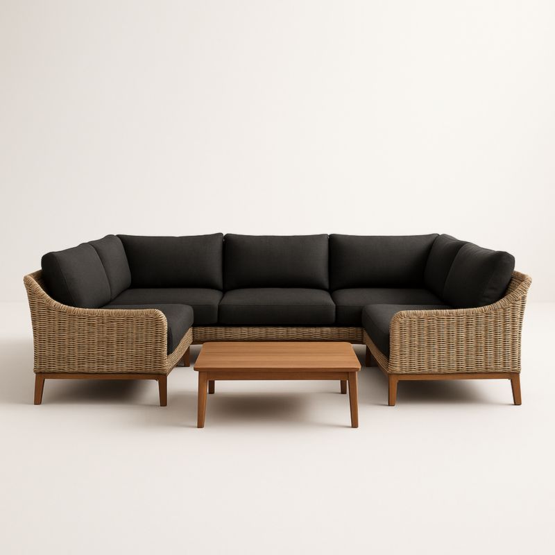 Canapé d'angle en rotin synthétique avec table basse en bois