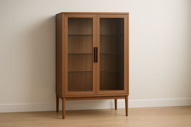 Vitrine en bois avec portes en verre trempé.