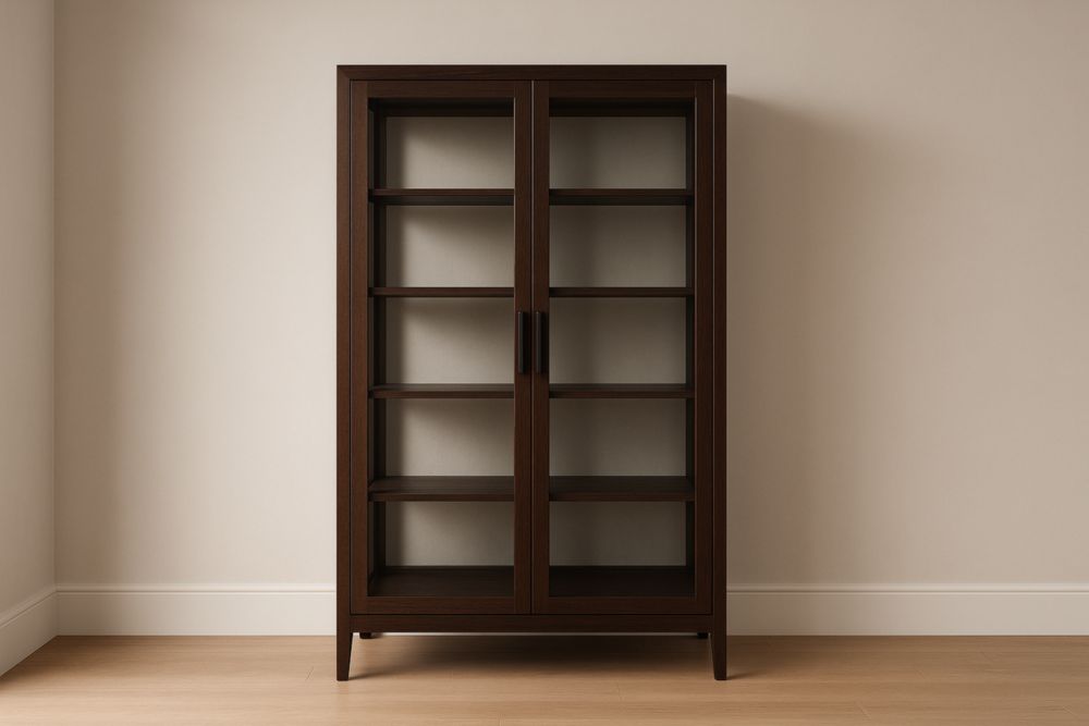 Vitrine en bois massif brun avec portes en verre trempé, dimensions 180 x 90 x 40 cm