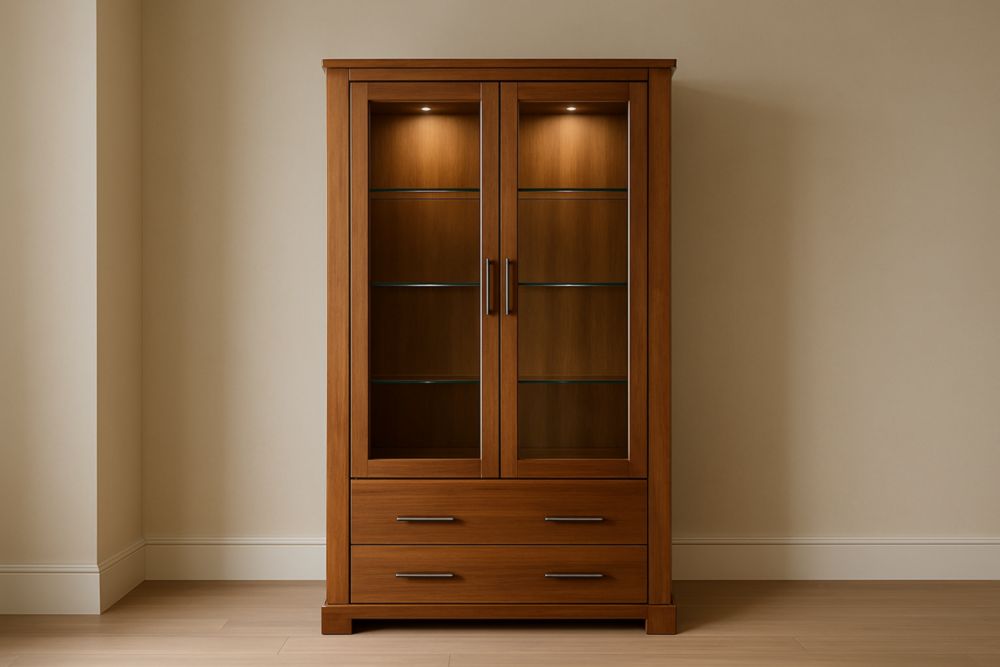 Vitrine en bois massif avec portes vitrées et tiroirs