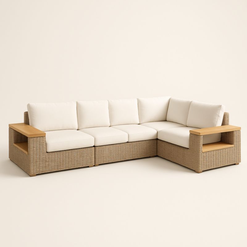 Canapé d'Angle Modulable en Résine Tressée avec Accoudoirs en Bois et Coussins Beige