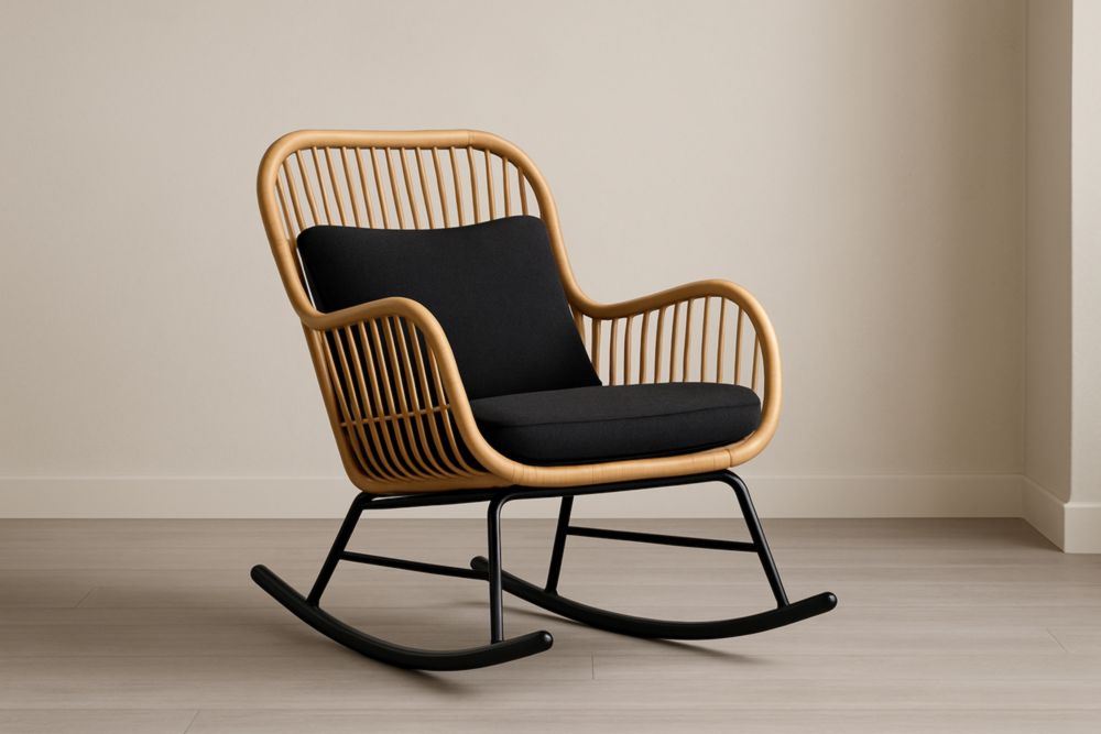 Fauteuil à bascule en rotin avec coussin noir et structure en métal
