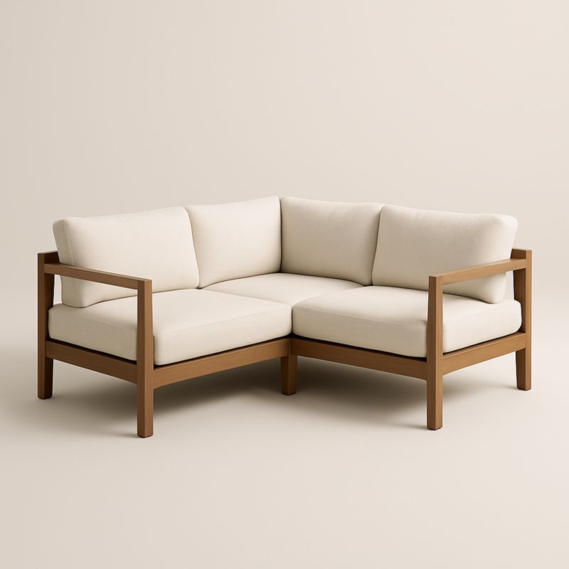 Canapé d'Angle en Bois avec Coussin en Tissu Beige