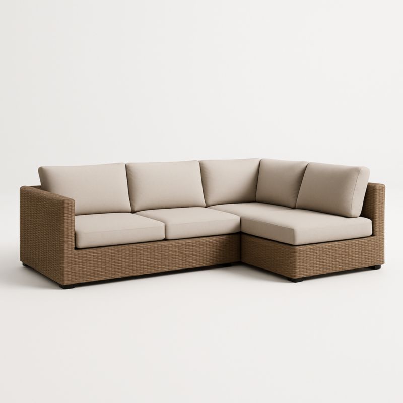 Canapé d'angle en résine tressée avec coussins beige