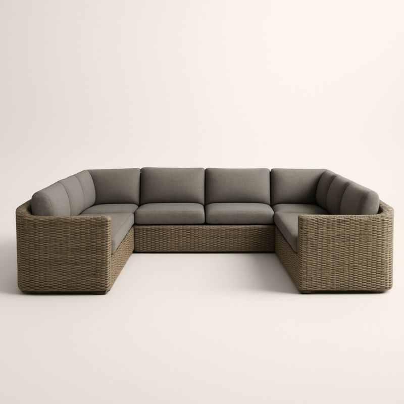 Canapé d'angle en rotin avec coussins en tissu polyester gris