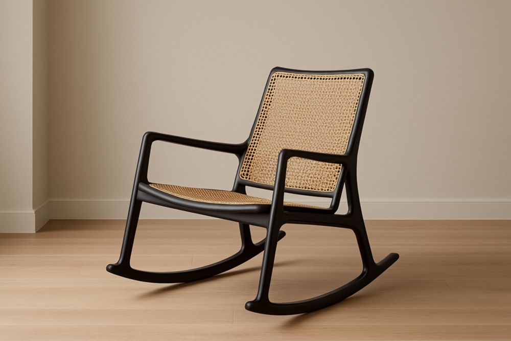 Chaise à bascule en bois et rotin beige