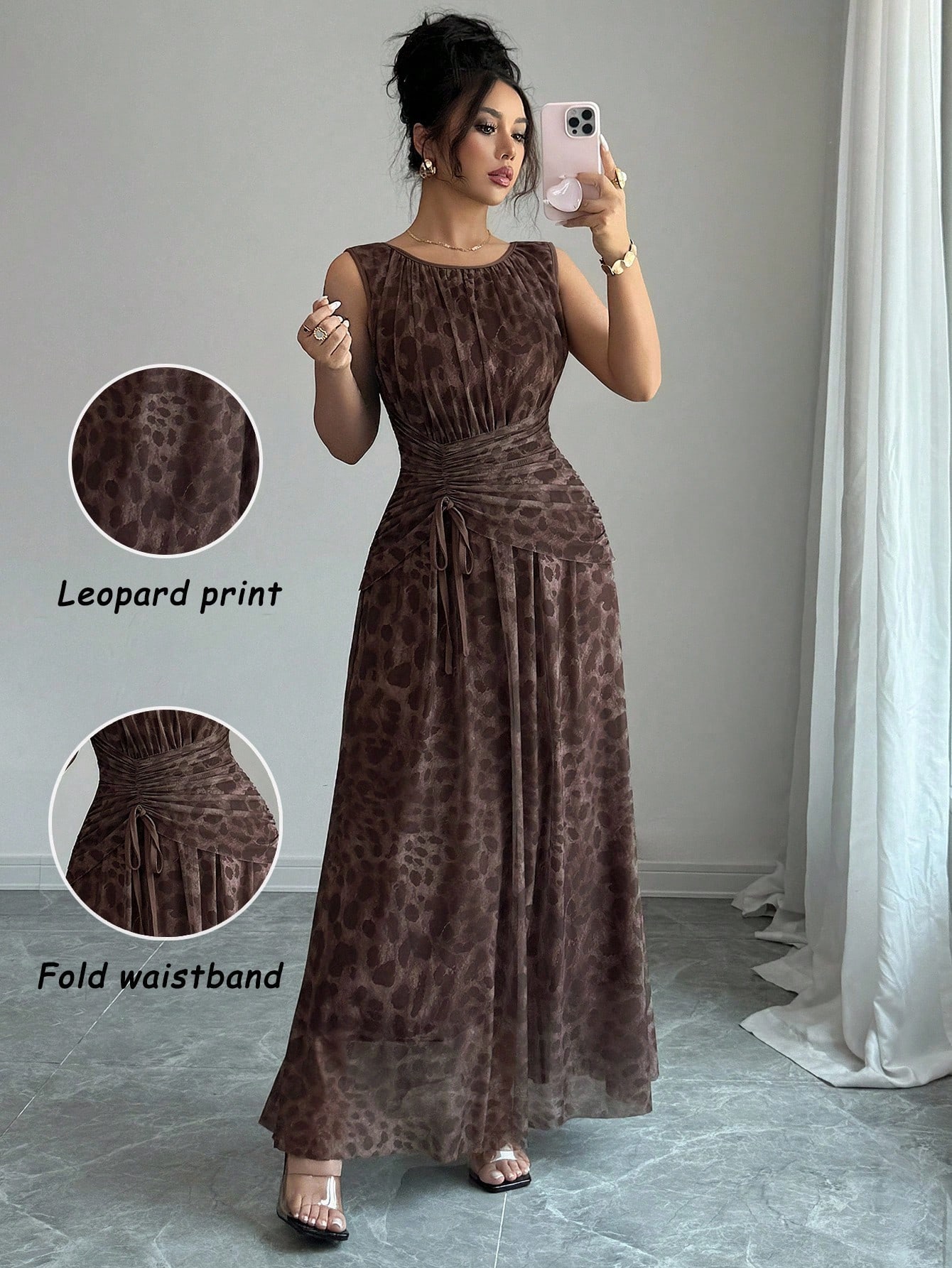 Elegancka i świeża, kwiatowa siateczka w kolorze morelowym, z okrągłym dekoltem i ściągaczem w kształcie litery A, długa sukienka bez rękawów dla kobiet