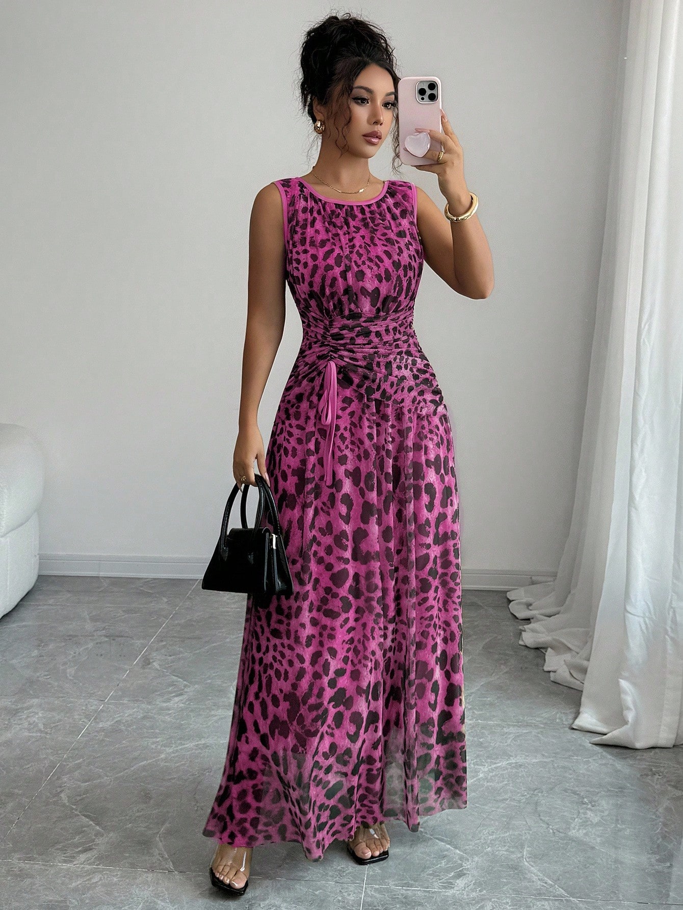 Elegancka i świeża, kwiatowa siateczka w kolorze morelowym, z okrągłym dekoltem i ściągaczem w kształcie litery A, długa sukienka bez rękawów dla kobiet